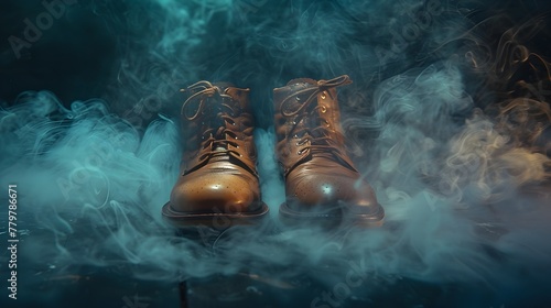 Mysterious dance of worn leather boots stepping through ethereal smoke on a darkened stage with copy space