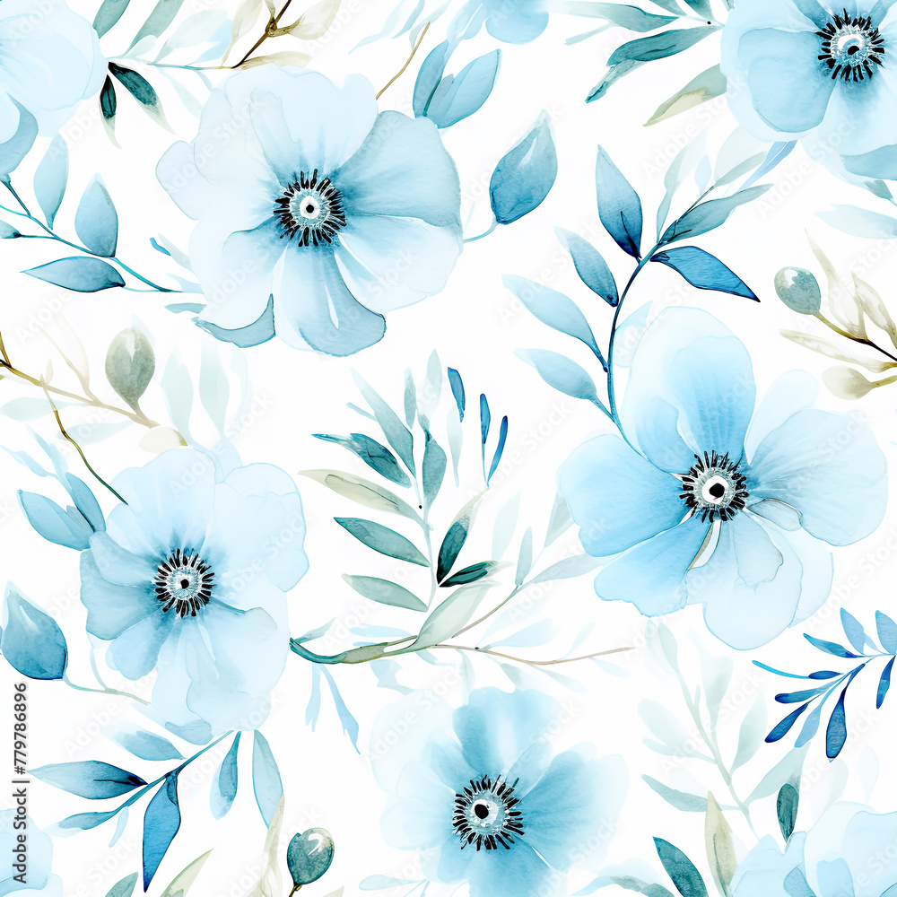 Watercolor Green Blue Floral Seamless Pattern Background