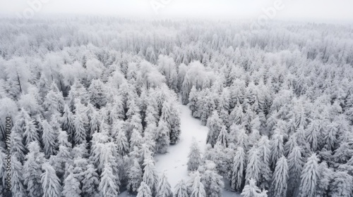 Drone photo of winter forest, aerial top view with fresh snow and white trees in the countryside. Drone photo. © ORG