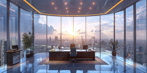 Splendida vista panoramica di un moderno ufficio all'interno di un grattacielo, ampie vetrate , sfondo di palazzi photo