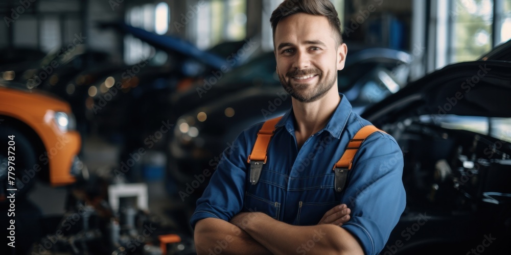 Auto mechanic works with broken engine in mechanic or auto repair shop. Auto mechanic works with broken engine in mechanic or auto repair shop.