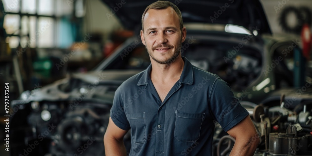 Auto mechanic works with broken engine in mechanic or auto repair shop. Auto mechanic works with broken engine in mechanic or auto repair shop.