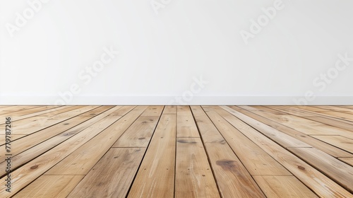 Empty room with wooden floor leading to a blank white wall