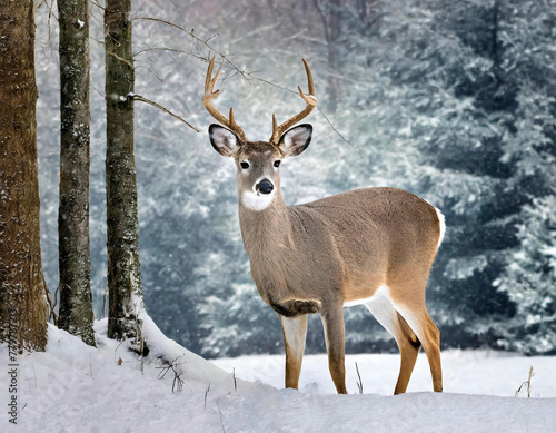 White tail deer ( odocoileus virginianus) in the snow, at the edge of the woods. © Bill