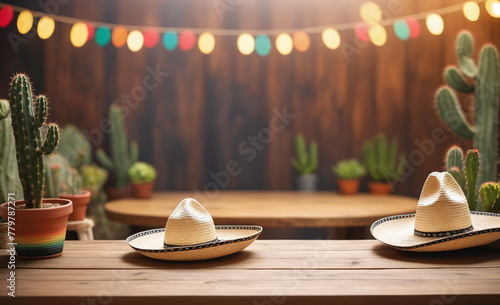 Cinco de Mayo empty wooden table for mock up, blur background, cactus, sombrero , detailed