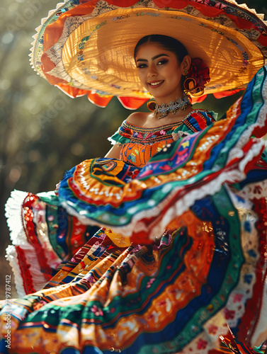 Mexican woman in traditional attire and wearing sombrero, dances at the Cinco de Mayo festival