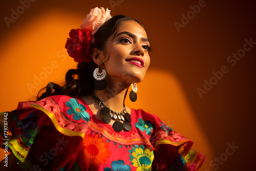 Mexican woman, adorned in traditional attire and wearing a flower wreath, stands out with beauty