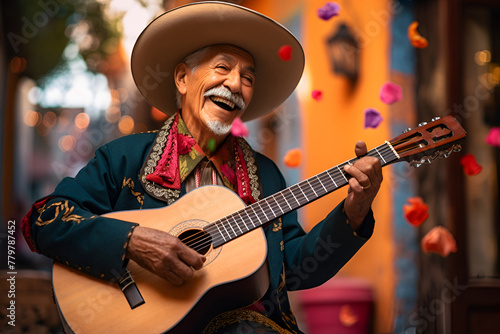 On Cinco de Mayo, a senior Mexican man in a hat sings and plays guitar on the city street