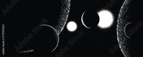 Binary stars and exoplanet in outer space. Futuristic landscape, with eclipse . Noise texture . Night landscape with starry sky .Double stars system .Vector illustration