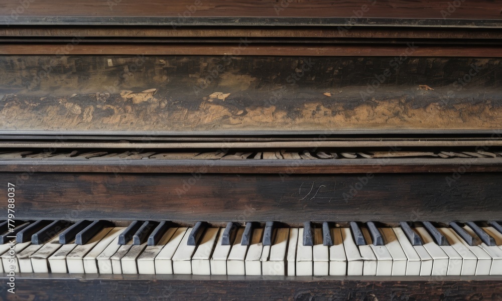 A classical piano with a distressed wood finish and an open top, revealing its aged ivory keys, tells a story of musical history and the beauty in wear. AI generation A classical piano with a distressed wood finish and an open top, revealing its aged ivory keys, tells a story of musical history and the beauty in wear. AI generation