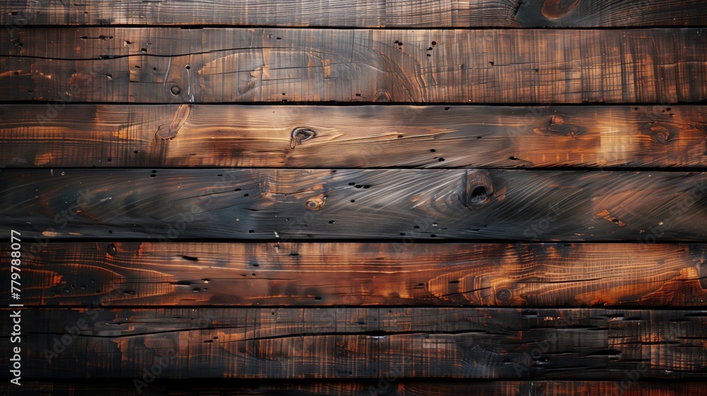 Dark burnished wooden planks with rustic texture and rich patina. - obrazy, fototapety, plakaty 