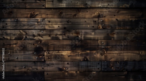 Dark wooden planks with visible grain and nails or screws with shadowy lighting.