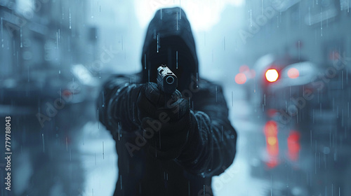 Stealthy Assassin, Silent Killings, Deadly operative stalking through a foggy cityscape, Rainy weather, 3D Render, Silhouette Lighting, Chromatic Aberration