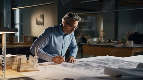 Architect looks at blueprints with plans for building a house