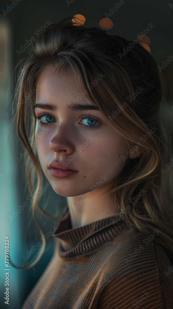 A teenage girl looking straight ahead sadly A teenage girl looking straight ahead sadly