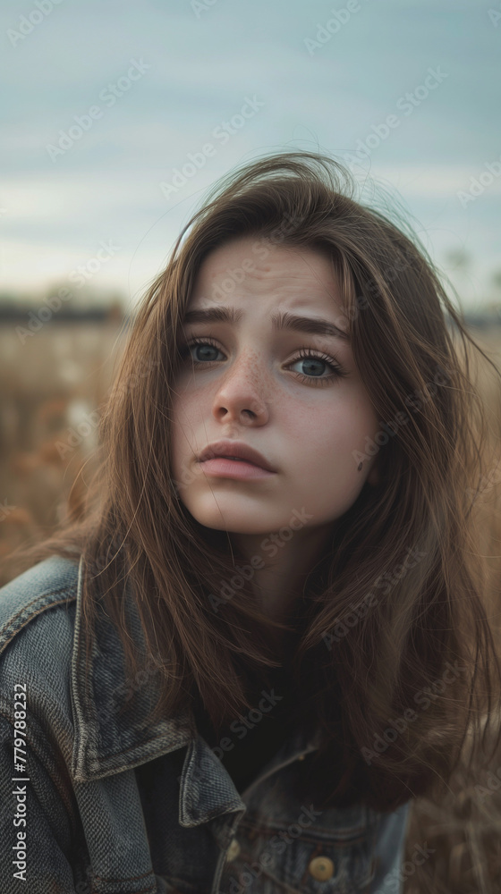Fototapeta premium A teenage girl looking straight ahead sadly