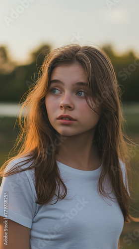 A teenage girl looking straight ahead sadly