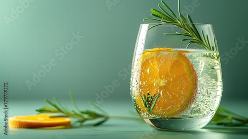 Refreshing plantinfused liquid with Valencia orange and rosemary in tableware photo