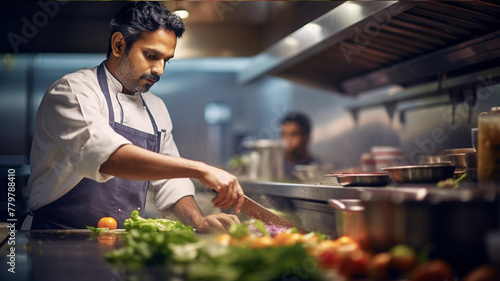 Indian chef working in the kitchen, culinary jobs and hotel management concept