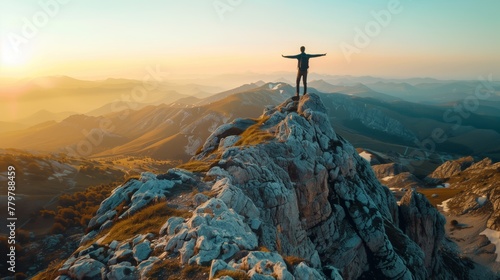 Person with outstretched arms on mountain peak during sunrise