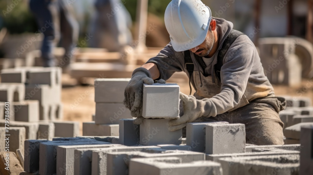 Construction worker casting cement concrete at construction site Construction worker casting cement concrete at construction site