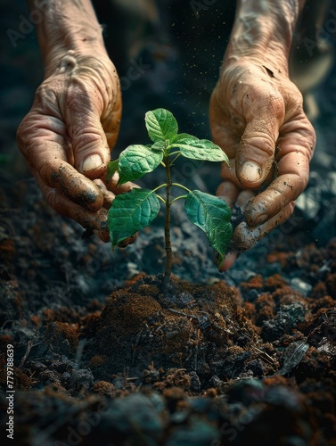 Close-up shot of a senior's male hands planting a tree, AI generated.