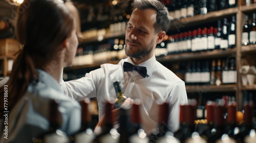 Young Cavis works in a big wine shop, presenting a bottle of red wine to a customer. photo