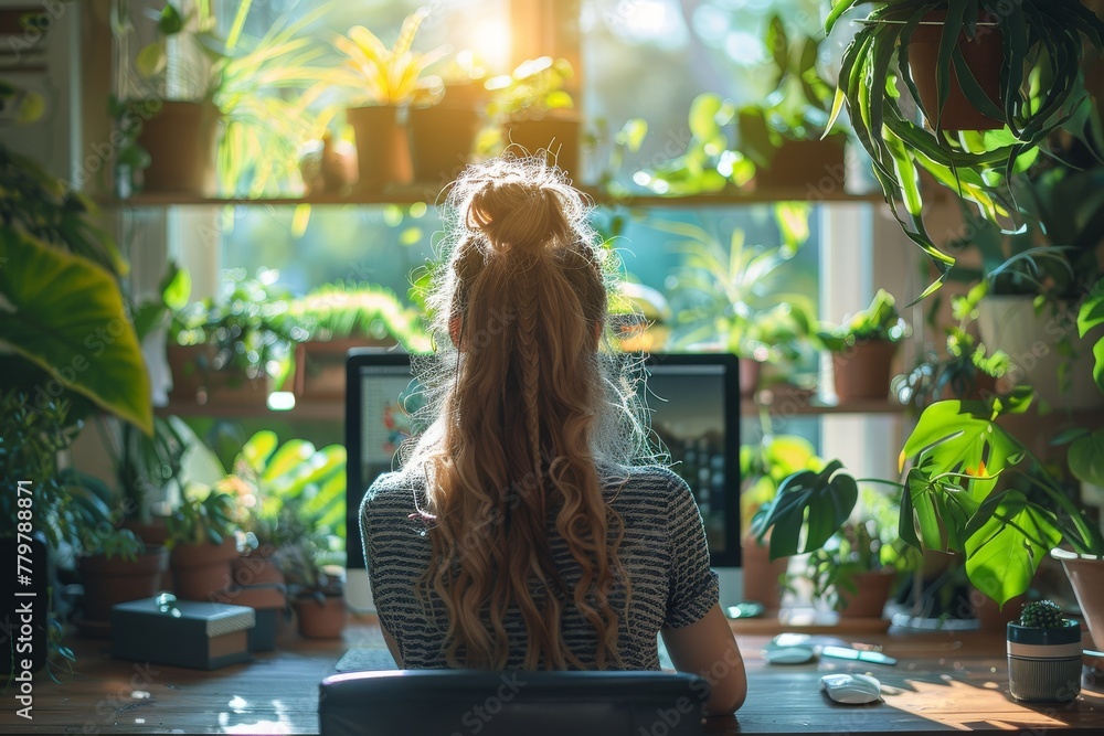 A woman's back focused on work amidst lush greenery conveys productivity and tranquility in a home office environment