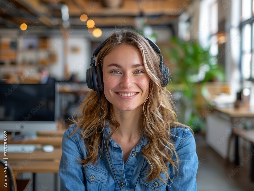 Portrait of a smiling young woman wearing headphones, looking at camera. AI generated image, headshot. Portrait of a smiling young woman wearing headphones, looking at camera. AI generated image, headshot.