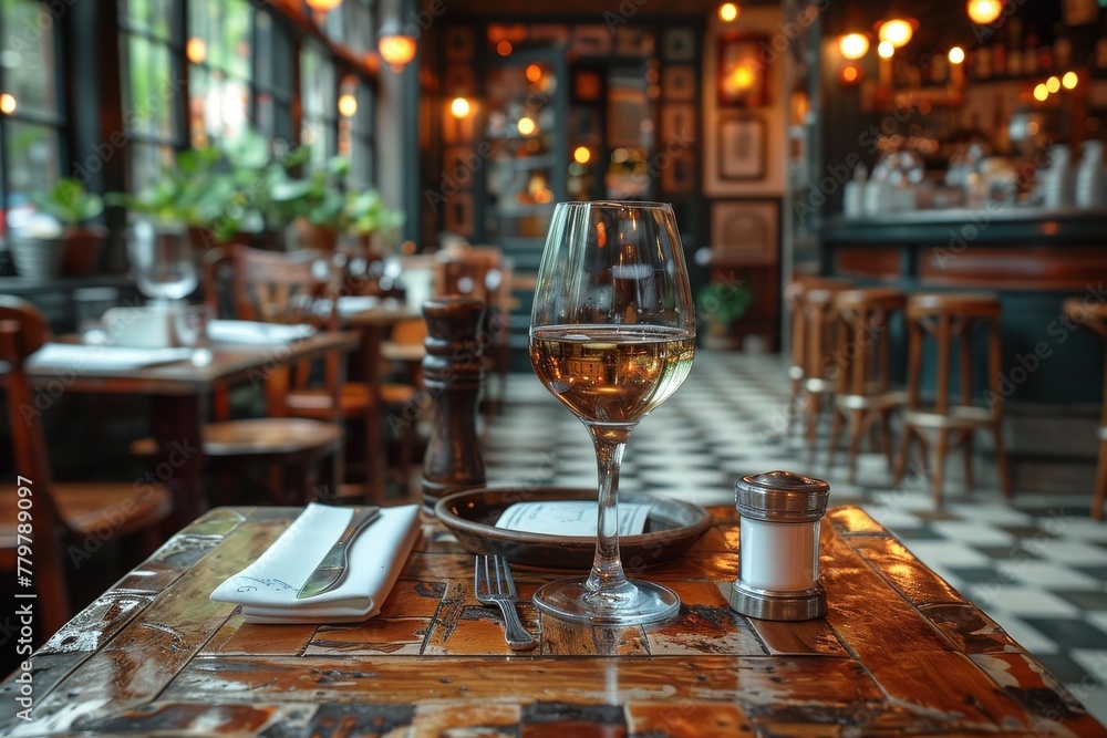 A fine dining setup in an upscale bistro with a glass of white wine, characterized by warm lighting and rich wooden textures A fine dining setup in an upscale bistro with a glass of white wine, characterized by warm lighting and rich wooden textures