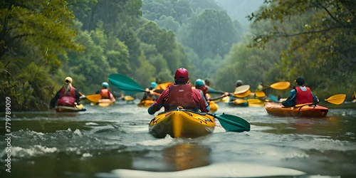 A group of people are pictured paddling down a river in kayaks. This image can be used to depict outdoor recreational activities and team adventures. 4K Video photo