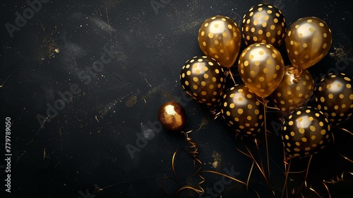 Elegant gold balloons with polka dots on a dark textured background