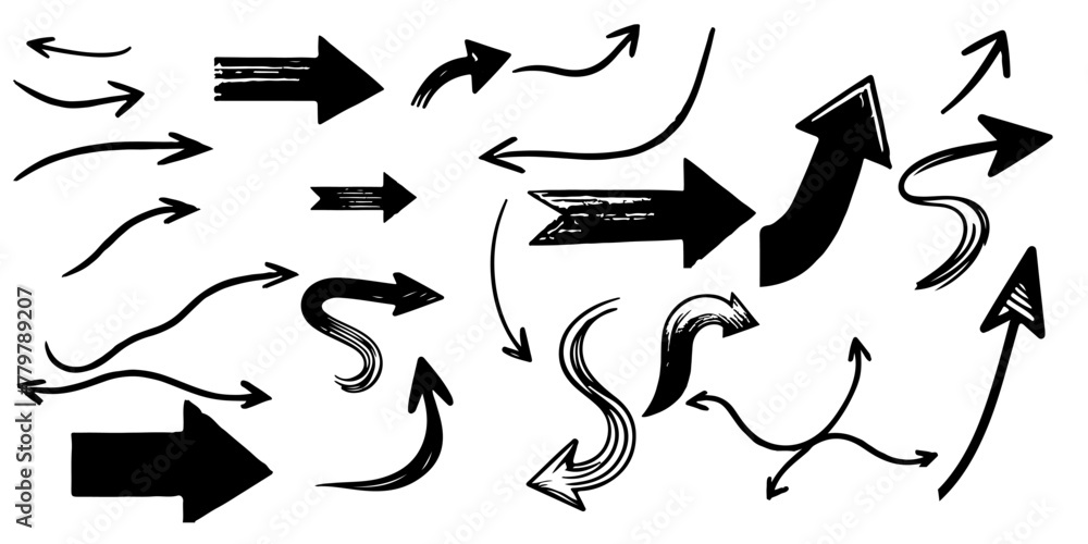 Hand drawn curved arrows design elements of scribble lines outline doodle vector illustration