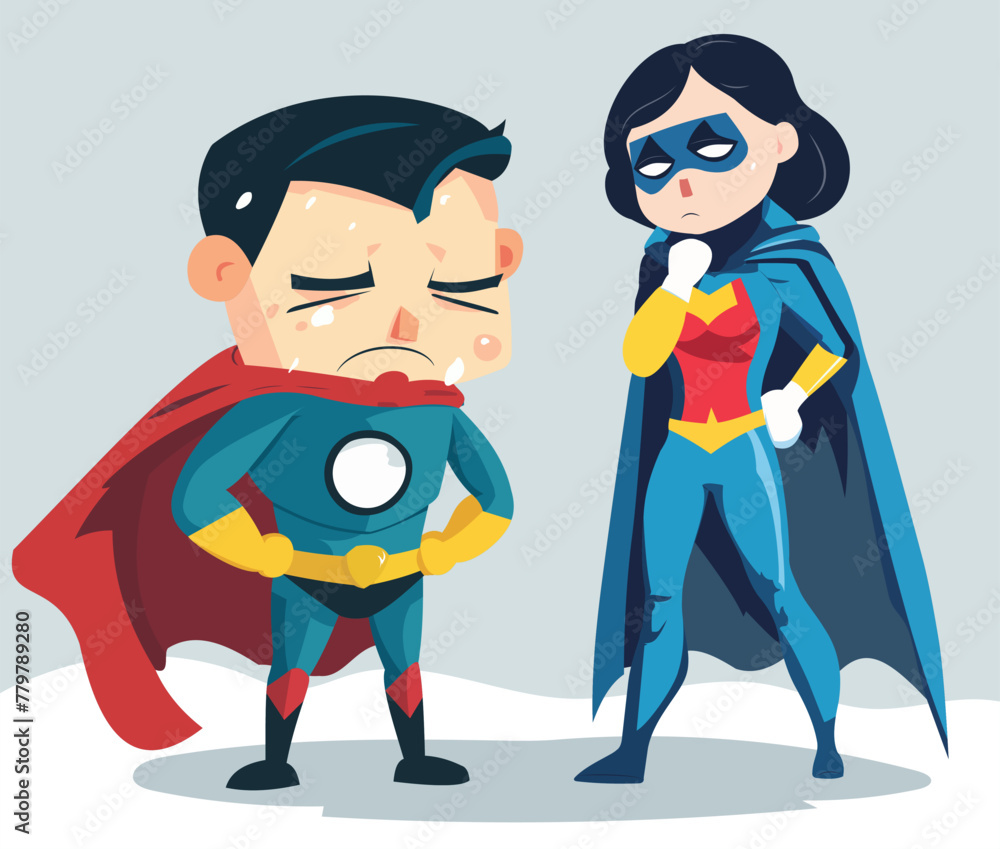 A very sad superhero stands in a cape, crying A very sad superhero stands in a cape, crying