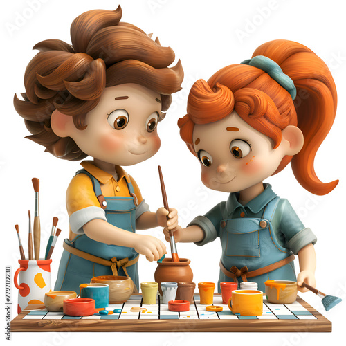 A 3D animated cartoon render of a toddler and parent painting pottery.