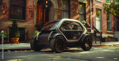 Concept self-driving mini eco car in modern suburban neighborhood, banner photo