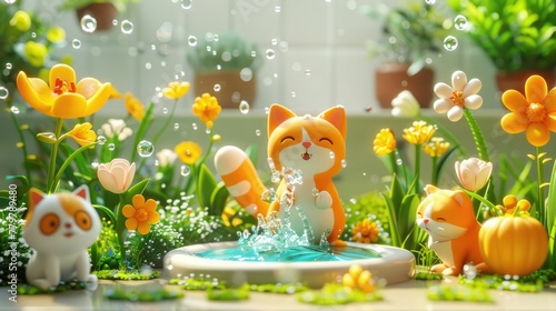 A 3D cartoon of pets and plants enjoying the refreshing spray of a sprinkler on a hot day