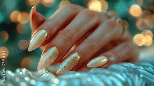 Close-up of female hands with beautiful manicure on nails. photo