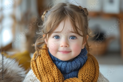 Adorable toddler with big blue eyes and a charming smile, wearing a woolen yellow scarf photo