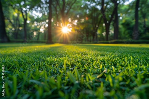 A serene natural scene as the sun's rays peek through the dense foliage onto a lush green meadow, highlighting nature's tranquility