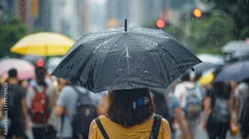 A girl stands in the crowd with a black umbrella.