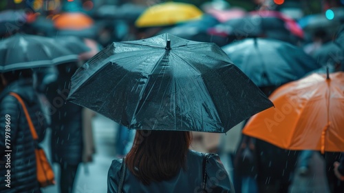 A girl stands in the crowd with a black umbrella.