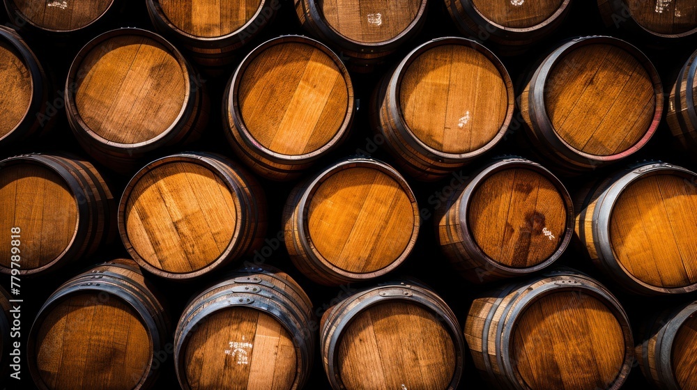 Dark wooden wine beer barrels stacked background