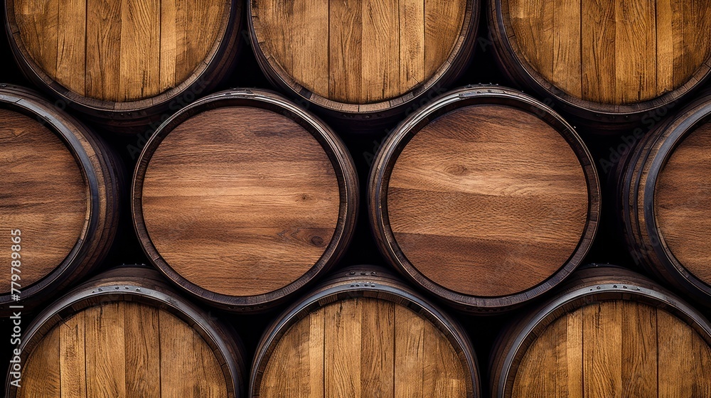 Dark wooden wine beer barrels stacked background