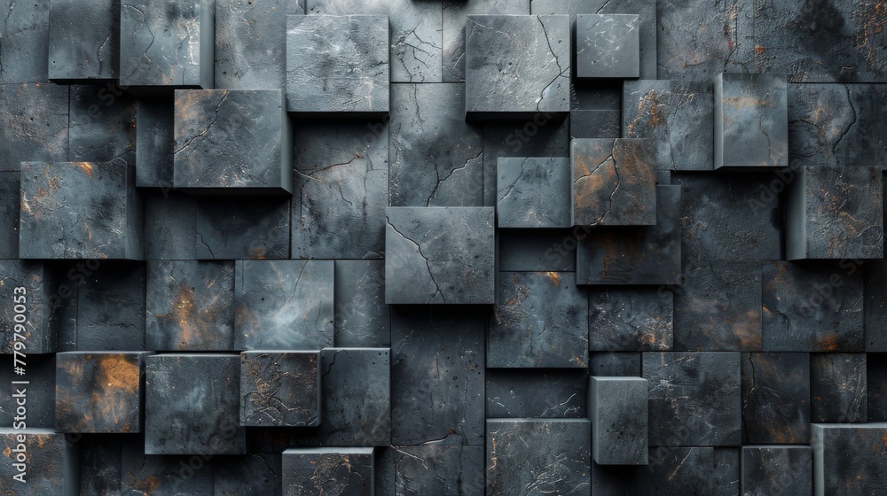 A wall made of gray and black blocks with a brownish tint. The blocks are arranged in a way that creates a sense of depth and texture. Scene is one of ruggedness and strength - obrazy, fototapety, plakaty 