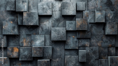 A wall made of gray and black blocks with a brownish tint. The blocks are arranged in a way that creates a sense of depth and texture. Scene is one of ruggedness and strength