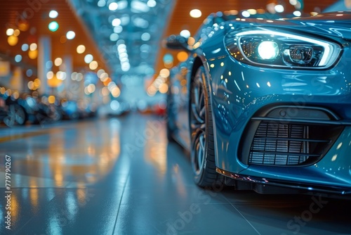 The striking blue car with its headlight on display in a showroom exudes luxury, speed, and modern automotive design