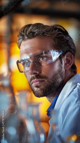 Specialist engineer in a lab coat testing chemical reactions for fuel efficiency innovations