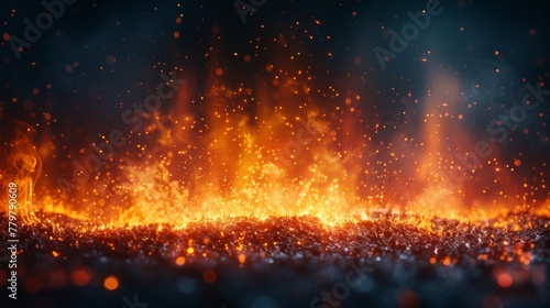 A fire is burning in the background of a black and red photo. The fire is surrounded by a lot of smoke and sparks, creating a dramatic and intense atmosphere. The photo captures the raw power