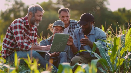 A group of various farmers are discussing a corn field. using successful agricultural laptops photo